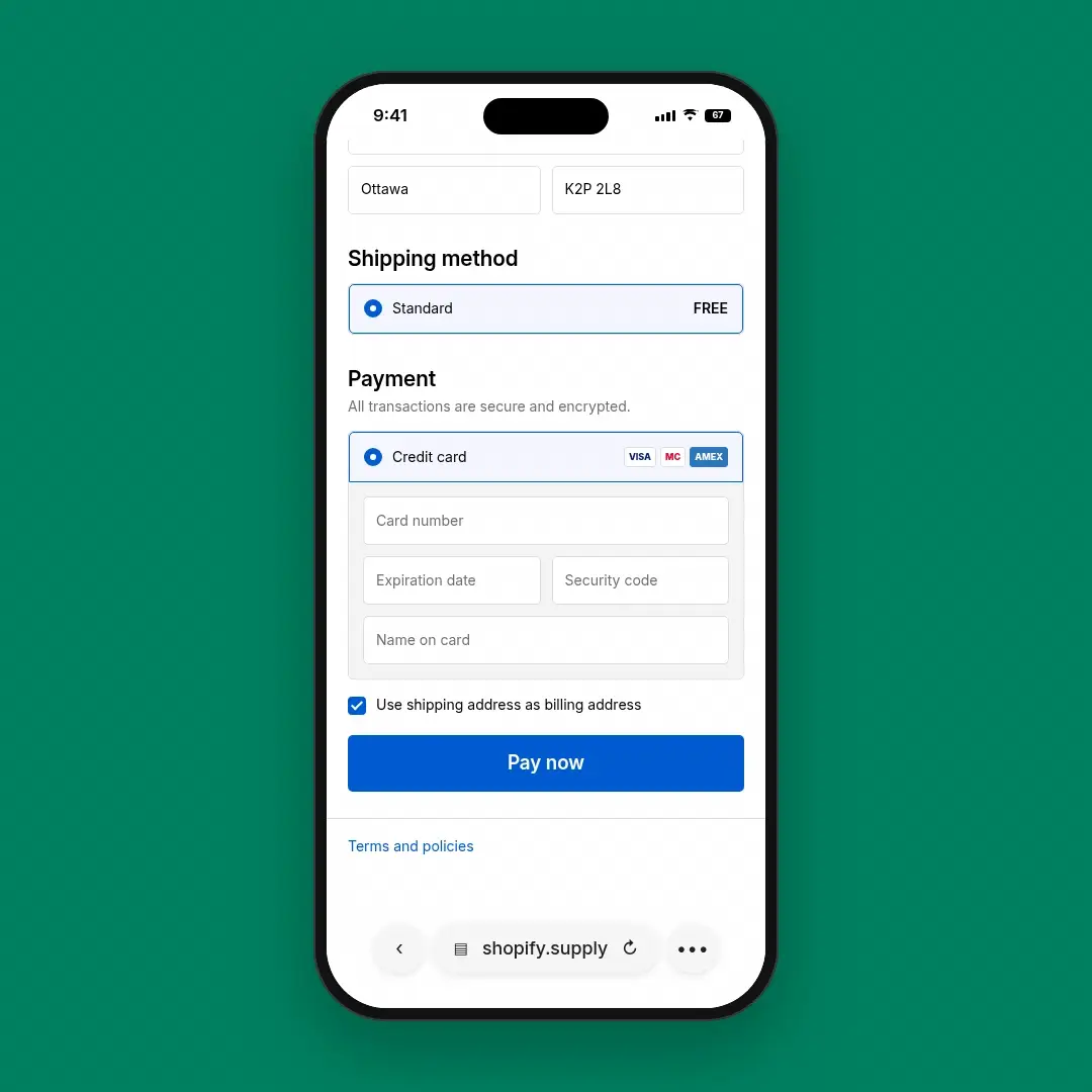 The checkout footer now shows one "Terms and policies" link